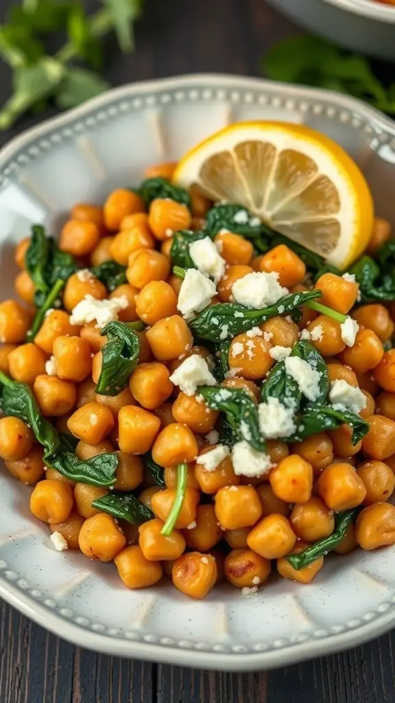 A plate of Mediterranean Chickpea and Spinach Casserole with lemon and cheese