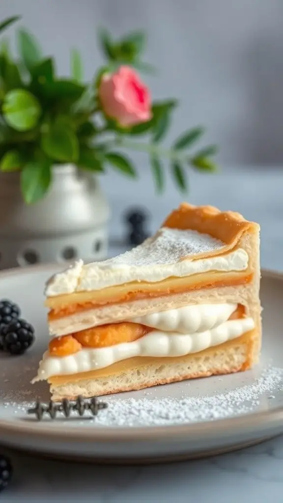 A slice of flavored kremówka cream cake with layers of cream and pastry, garnished with powdered sugar and served with blackberries.
