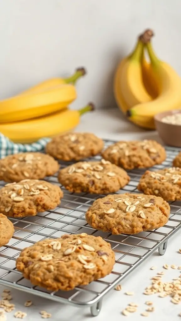 Freshly baked banana oatmeal cookies cooling on a wire rack with bananas in the background