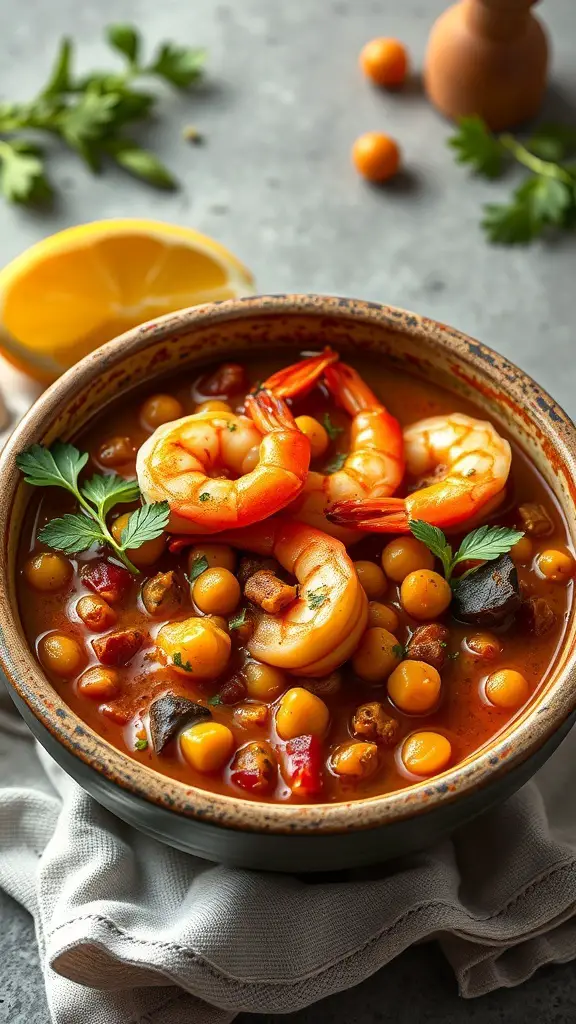 A bowl of shrimp and chickpea stew with fresh herbs and lemon on the side.