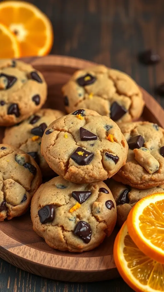 A plate of freshly baked orange zest chocolate chunk cookies with orange slices