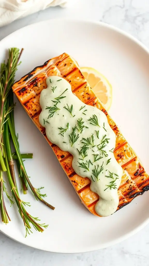 Grilled salmon fillet topped with dill sauce on a plate, garnished with fresh dill and a slice of lemon.
