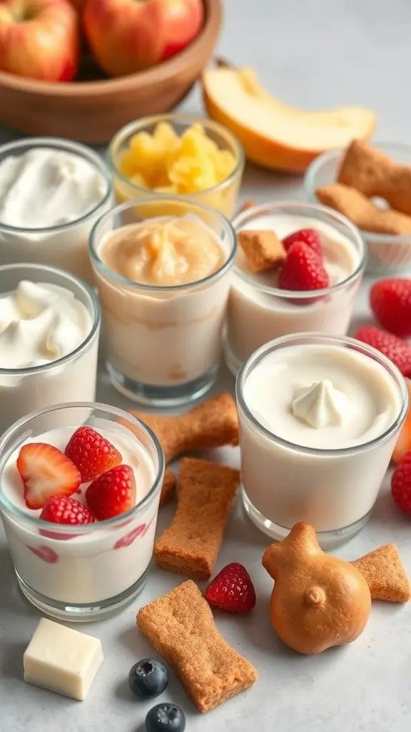 A variety of soft snacks including yogurt, fruit purees, and cookies.