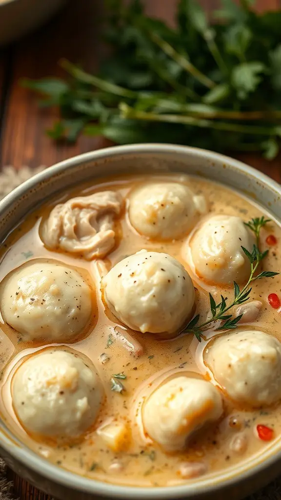 A bowl of chicken and dumplings with herbs in the background