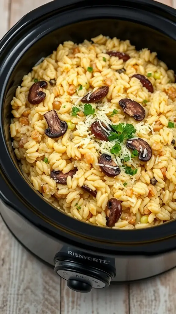 A bowl of cabbage and mushroom risotto in a crockpot, garnished with herbs and cheese.