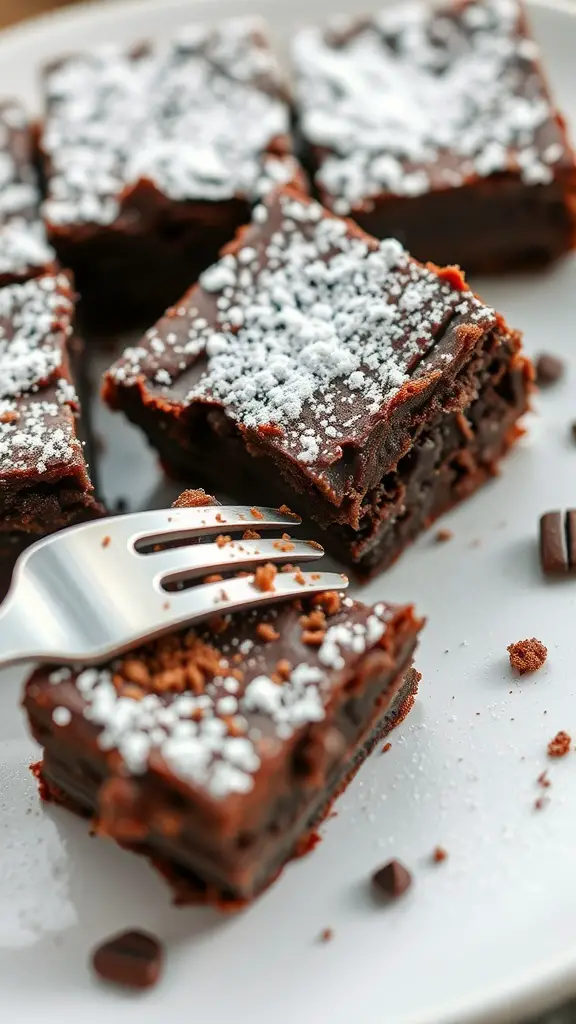 Delicious rich chocolate brownies with powdered sugar on top, served on a plate with a fork.