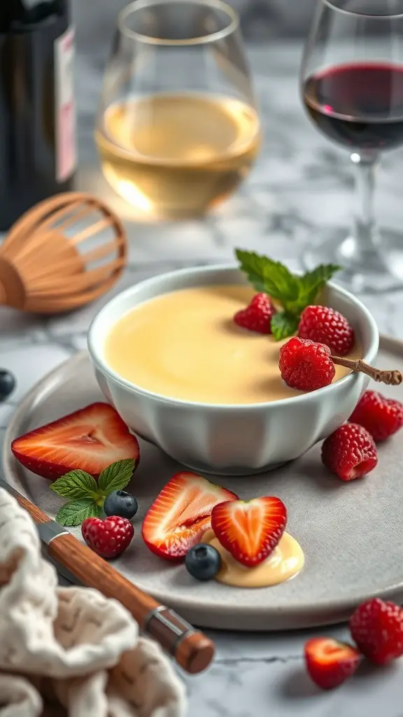 A bowl of zabaglione custard garnished with strawberries, raspberries, and blueberries, with glasses of wine in the background.