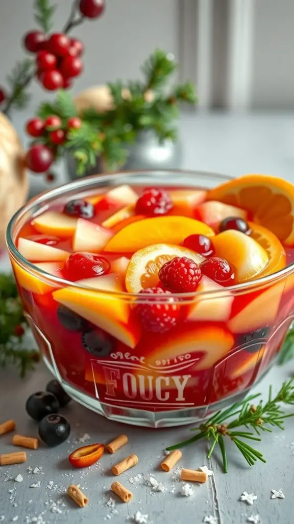 A vibrant bowl of holiday fruit punch filled with colorful fruits and garnished with greenery.