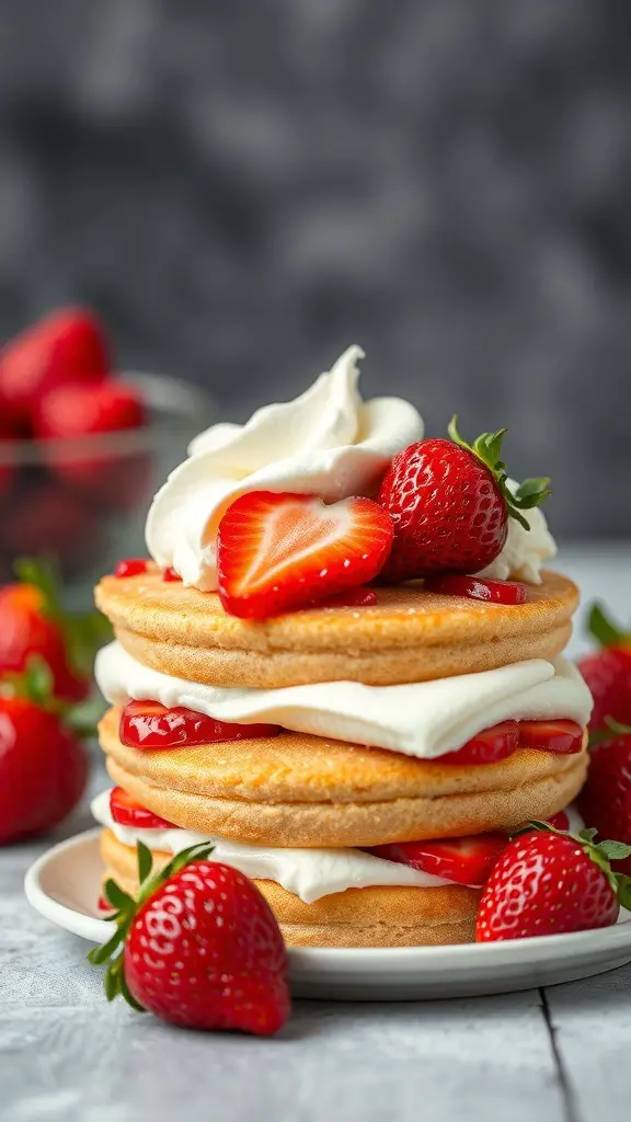 A delicious strawberry shortcake with layers of sponge cake, whipped cream, and fresh strawberries.