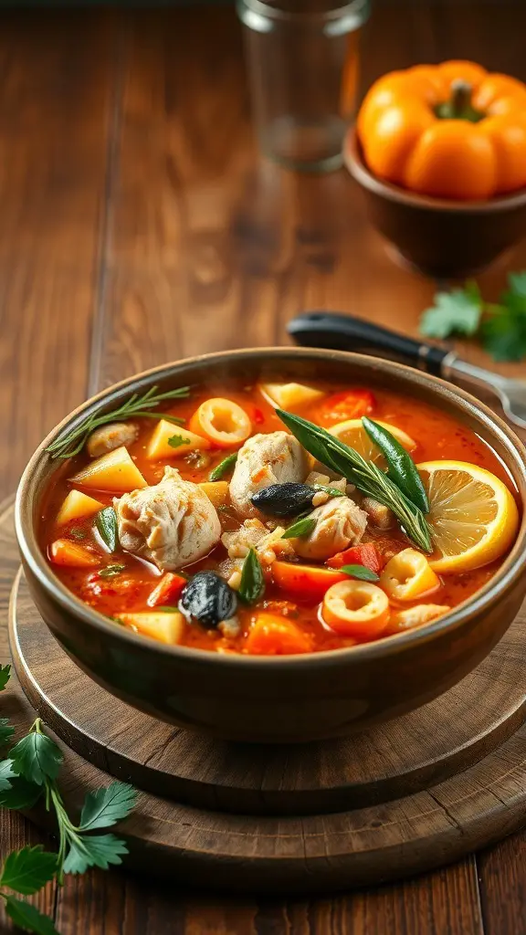 A bowl of spicy chicken and vegetable soup with colorful ingredients.