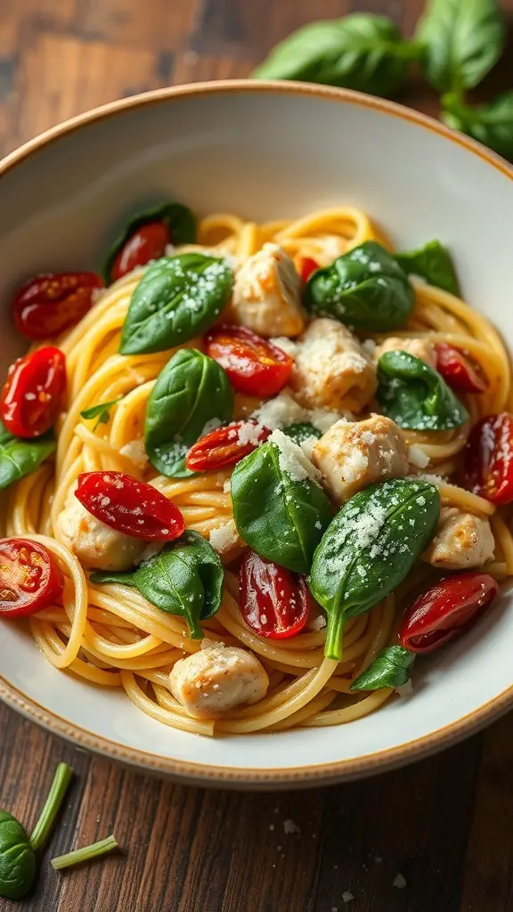 A bowl of Sun-Dried Tomato Chicken Pasta with spinach and cherry tomatoes.