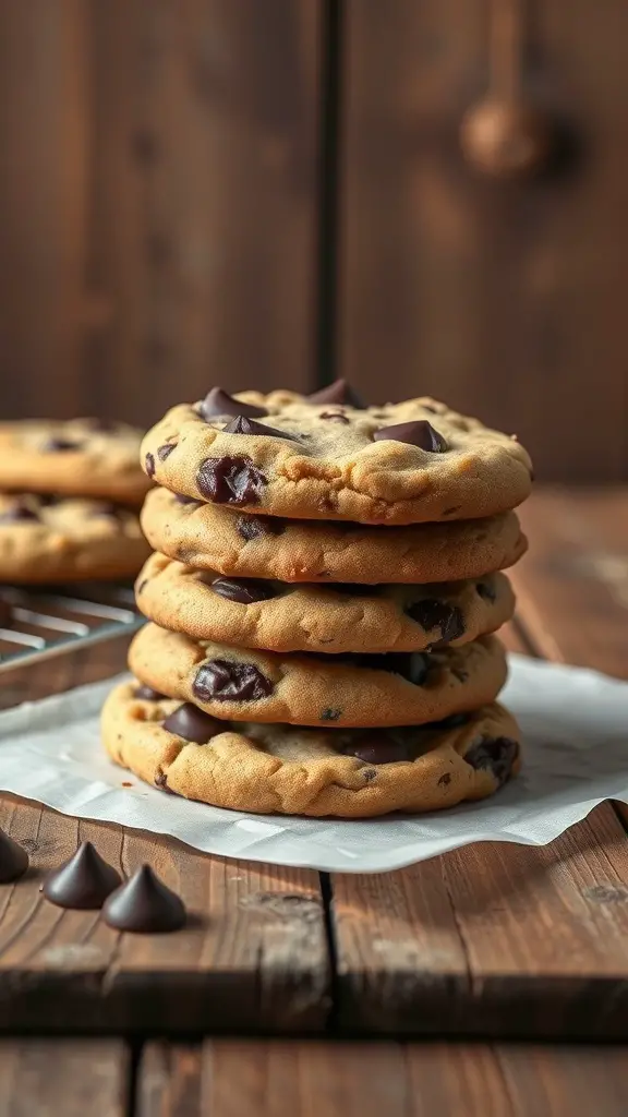 A stack of classic chocolate chunk cookies on a wooden surface