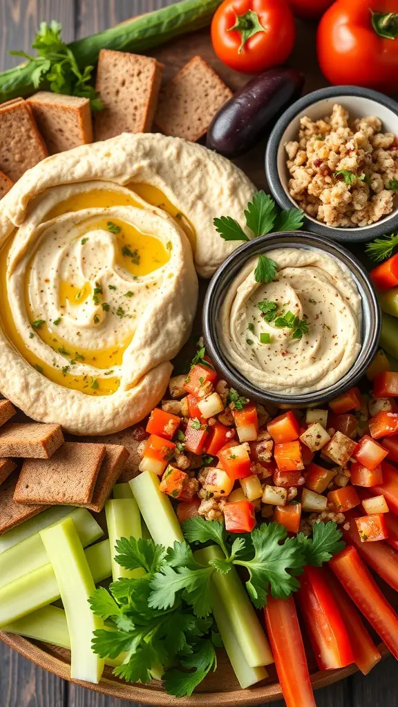 A colorful mezze platter featuring hummus, pita bread, fresh vegetables, and dips.