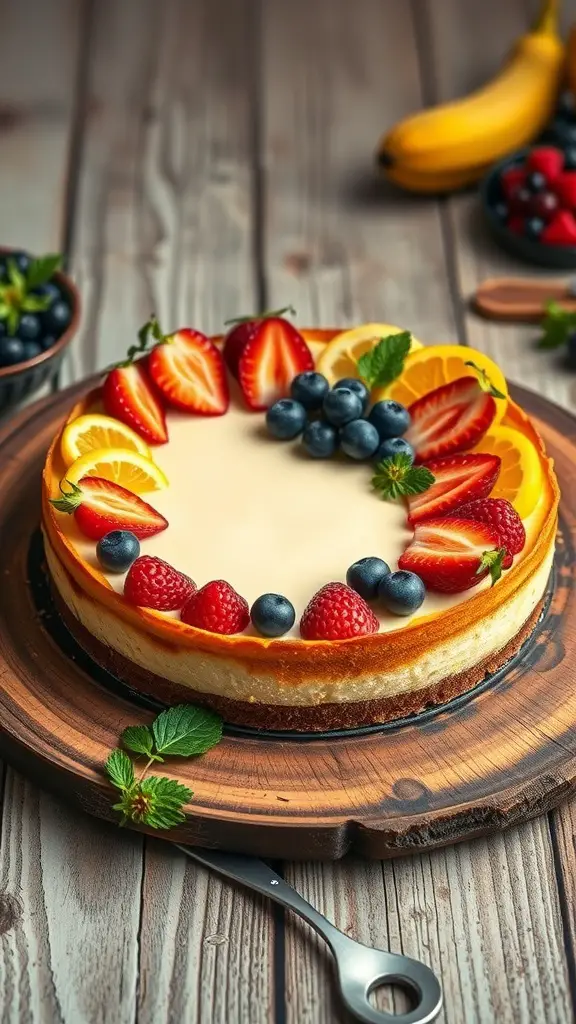 A cheesecake topped with fresh strawberries, blueberries, raspberries, and orange slices on a wooden platter.