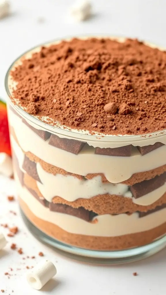 A glass dish filled with layers of tiramisu, showcasing coffee-soaked ladyfingers and creamy mascarpone cheese, topped with cocoa powder.