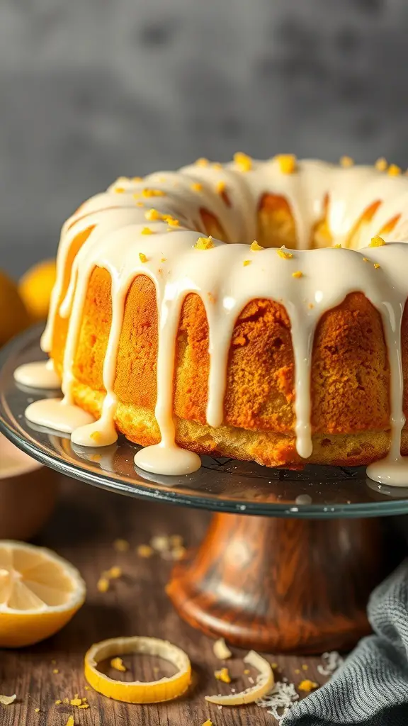 A lemon drizzle cake with icing, displayed on a glass cake stand, surrounded by lemon slices.