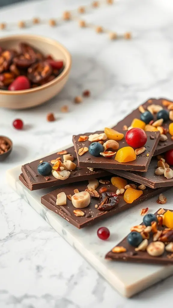 A close-up of Mediterranean chocolate bark topped with nuts and dried fruits on a marble surface.