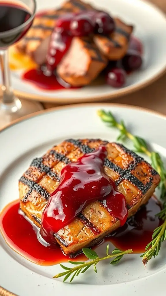 A beautifully plated pan-seared duck breast topped with cherry sauce, garnished with fresh herbs.