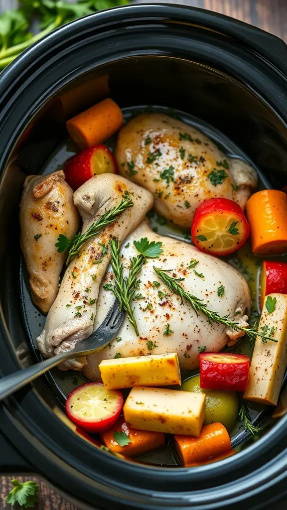 Slow cooker with chicken and vegetables, garnished with herbs