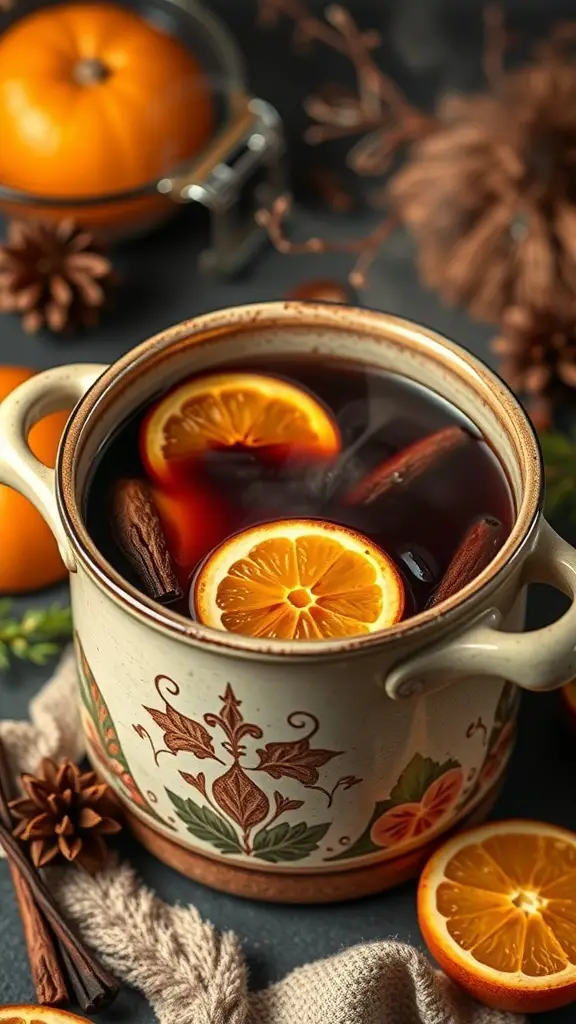 A pot of mulled wine punch with orange slices and cinnamon sticks, surrounded by festive decorations.
