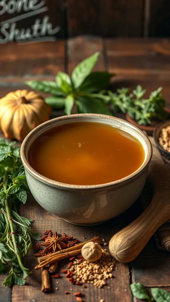 A bowl of bone broth surrounded by fresh herbs and spices.