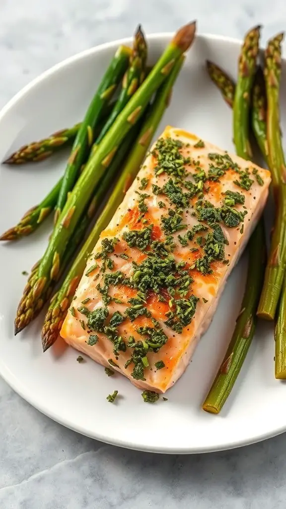 A plate featuring pesto crusted salmon fillet with asparagus on the side.