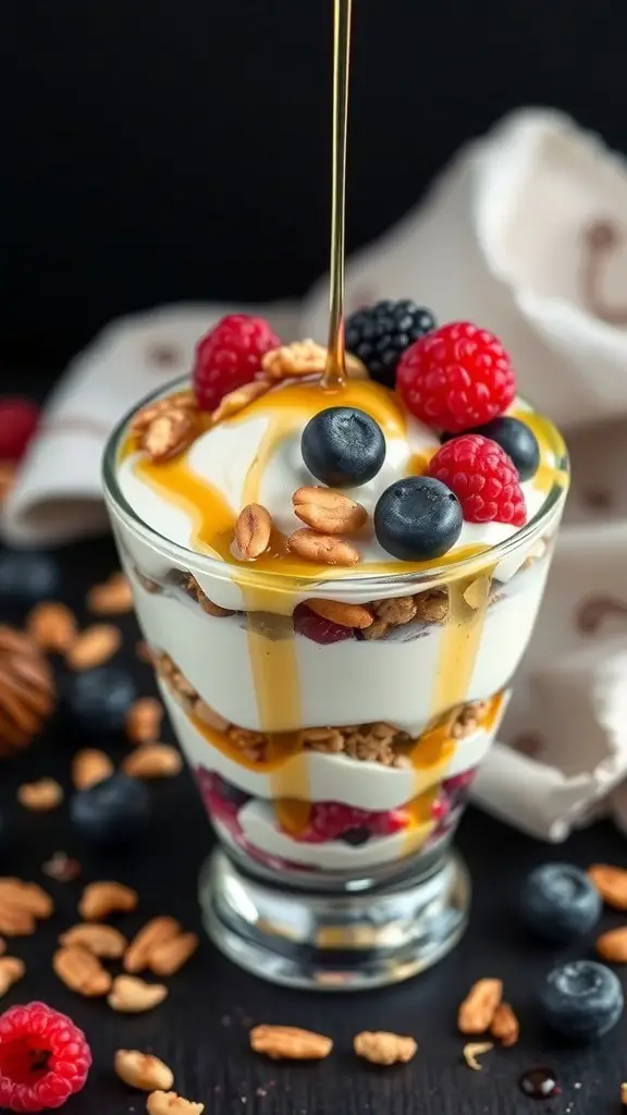 A delicious Greek yogurt parfait with layers of yogurt, berries, nuts, and honey.