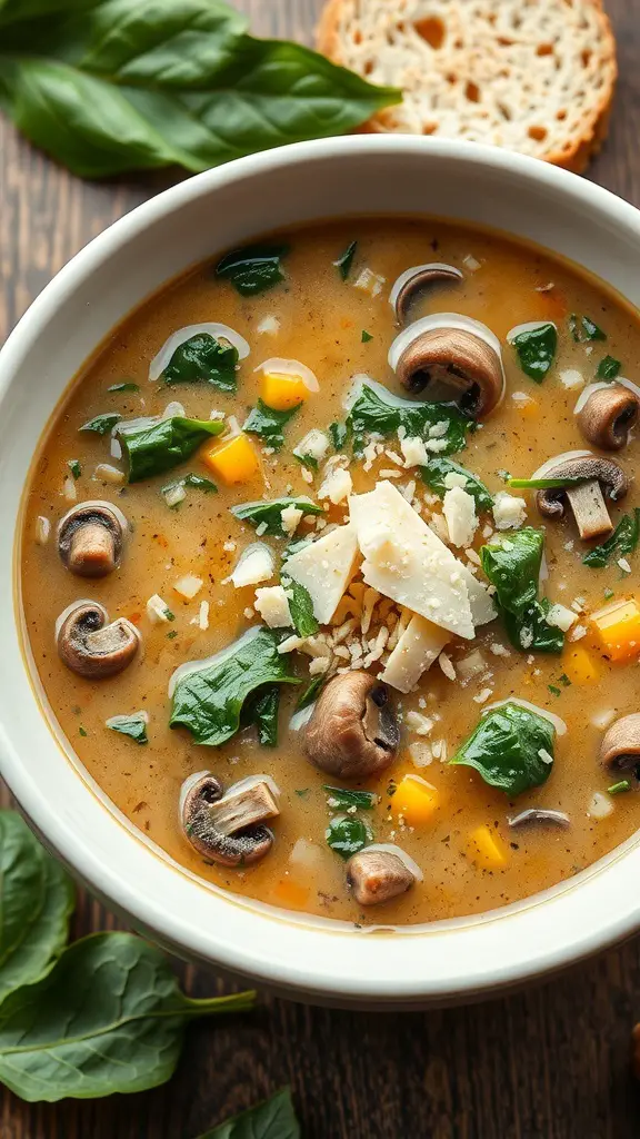 A bowl of mushroom and spinach soup with fresh ingredients and a slice of bread on the side.