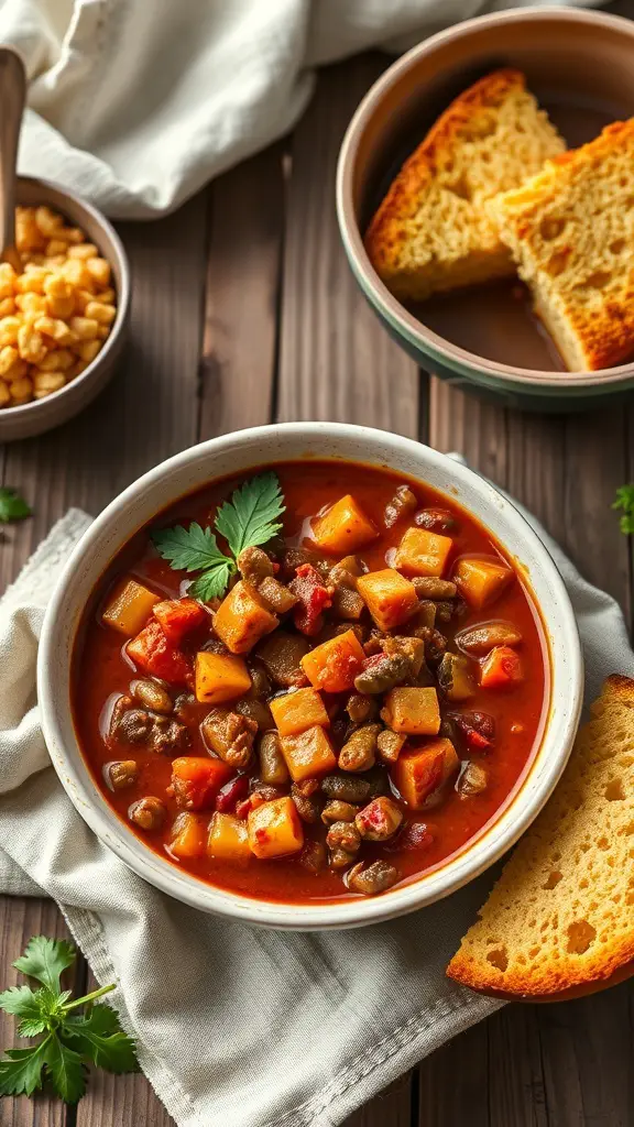 A bowl of vegetarian chili with diced vegetables and a side of cornbread