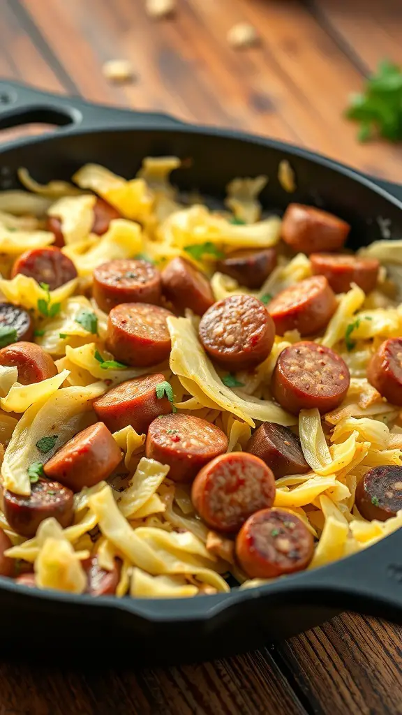 A skillet filled with cabbage and sausage, showcasing a hearty meal.