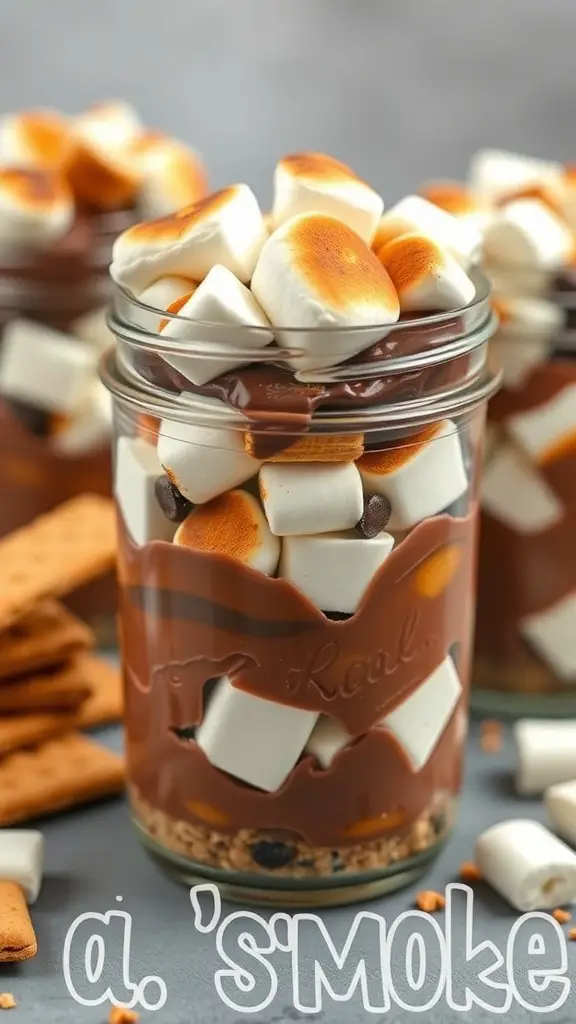 S'mores trifle dessert in a jar with layers of chocolate, marshmallows, and graham crackers.