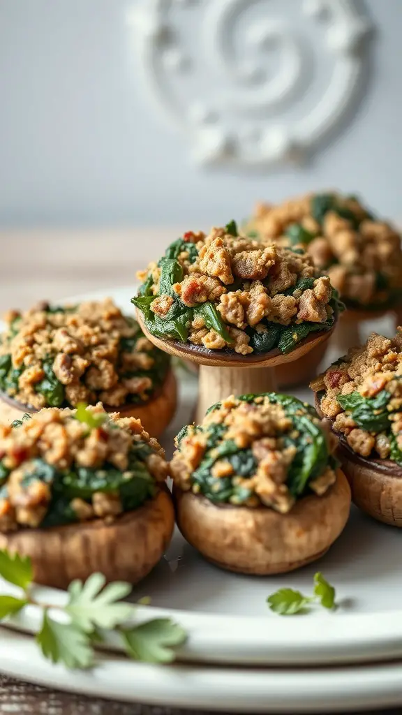 Keto Beef and Spinach Stuffed Mushrooms on a plate