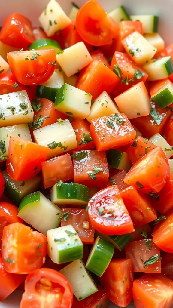 A vibrant salad made of chopped tomatoes and cucumbers, drizzled with olive oil.