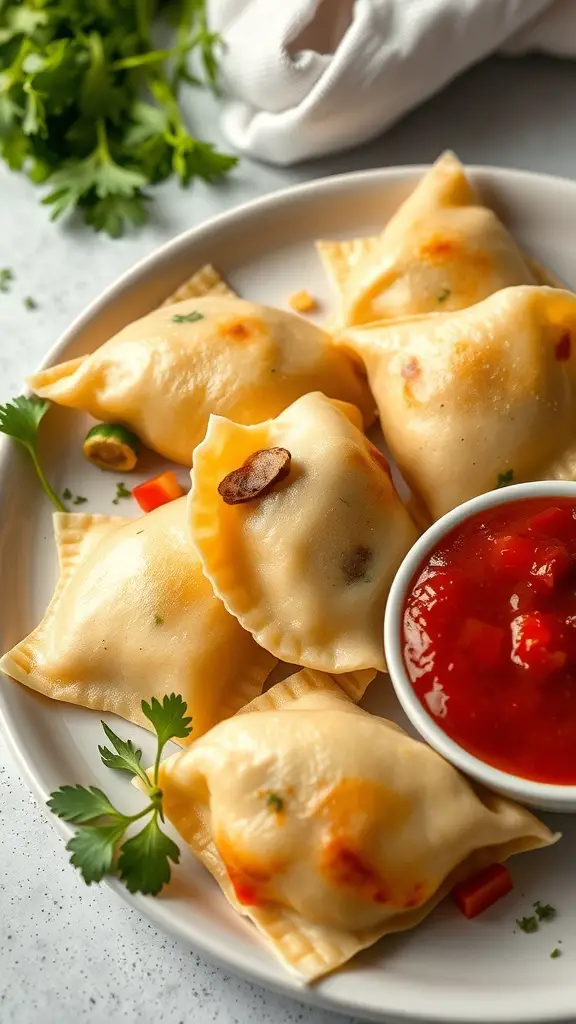 Plate of vegetable medley perogies served with dipping sauce