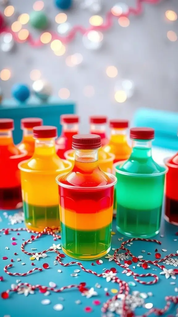 Colorful baby bottle jello shots in a festive setting
