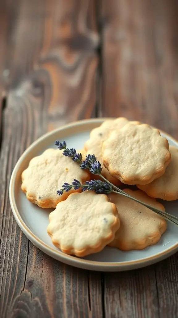A plate of lemon and lavender shortbread cookies with a sprig of lavender on top.