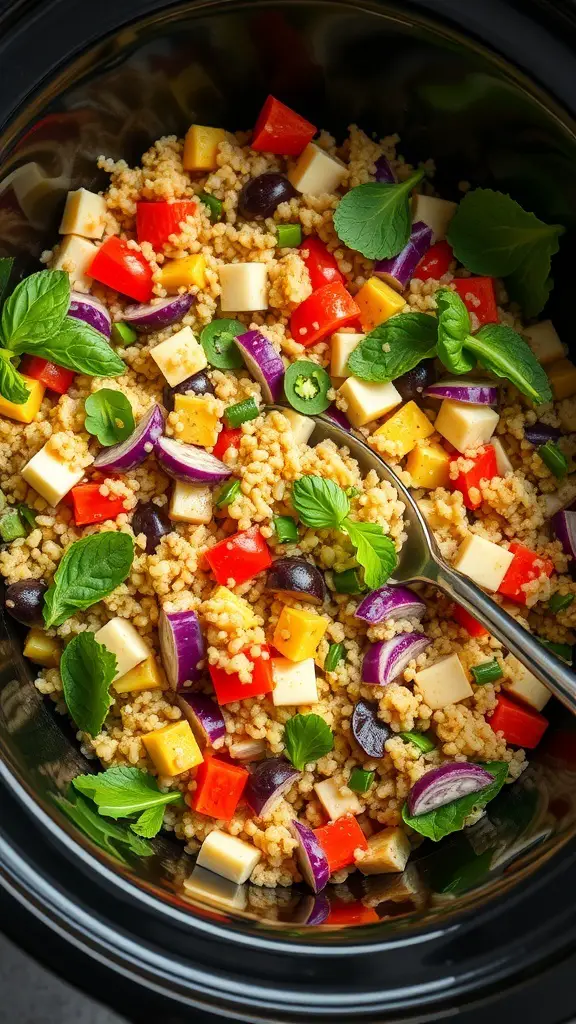 A colorful cabbage and quinoa salad with vegetables and herbs in a crockpot.