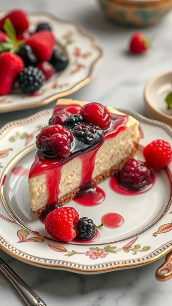 Slice of creamy cheesecake with berry sauce on a decorative plate