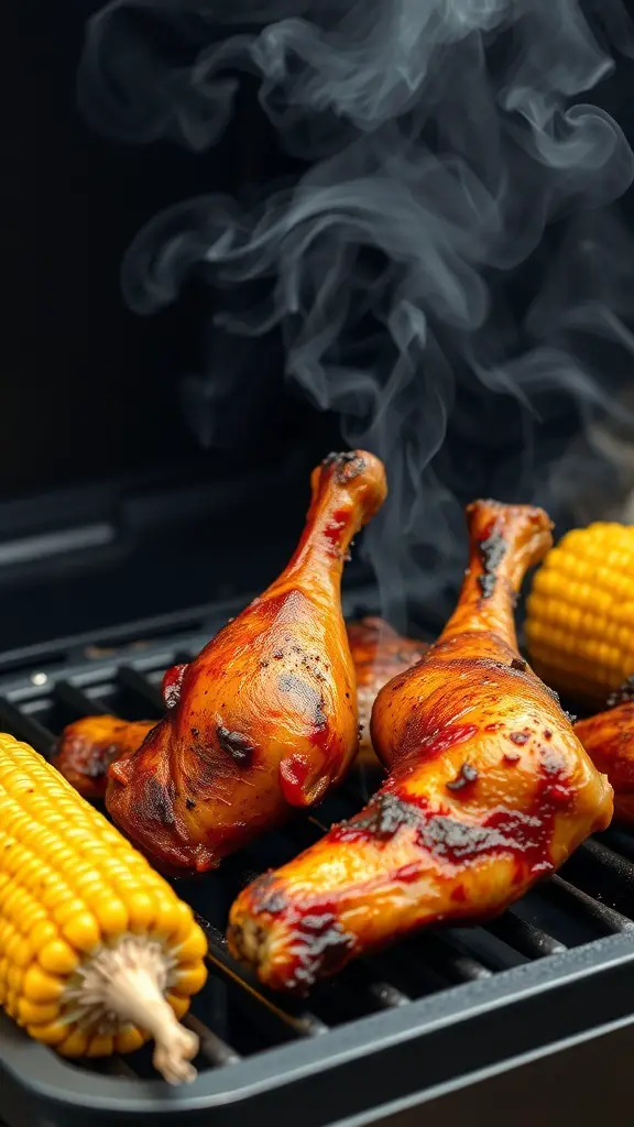 Grilled BBQ chicken drumsticks and corn on the grill