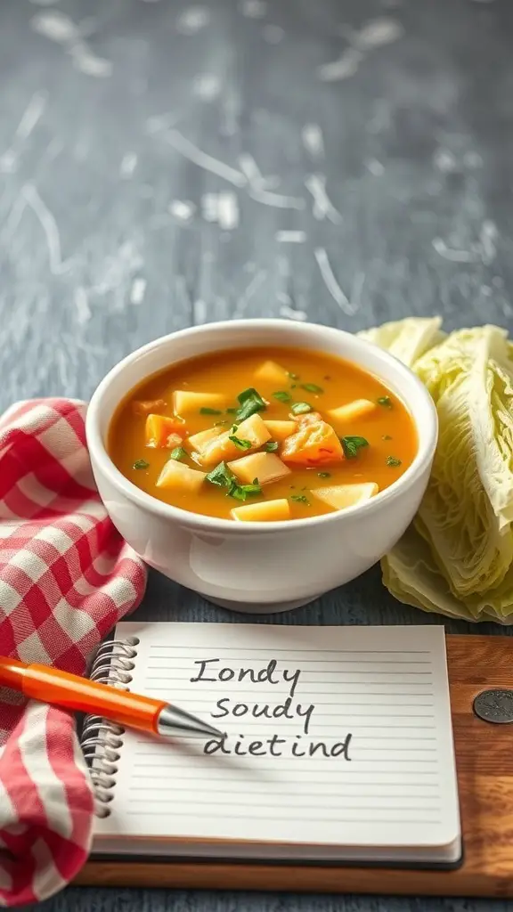 A bowl of cabbage soup with vegetables, a notepad with diet notes, and fresh cabbage on the side.
