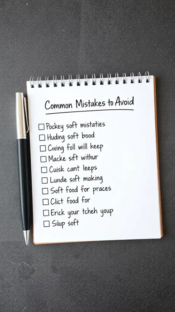A notepad with a list of common mistakes to avoid in soft food diets.