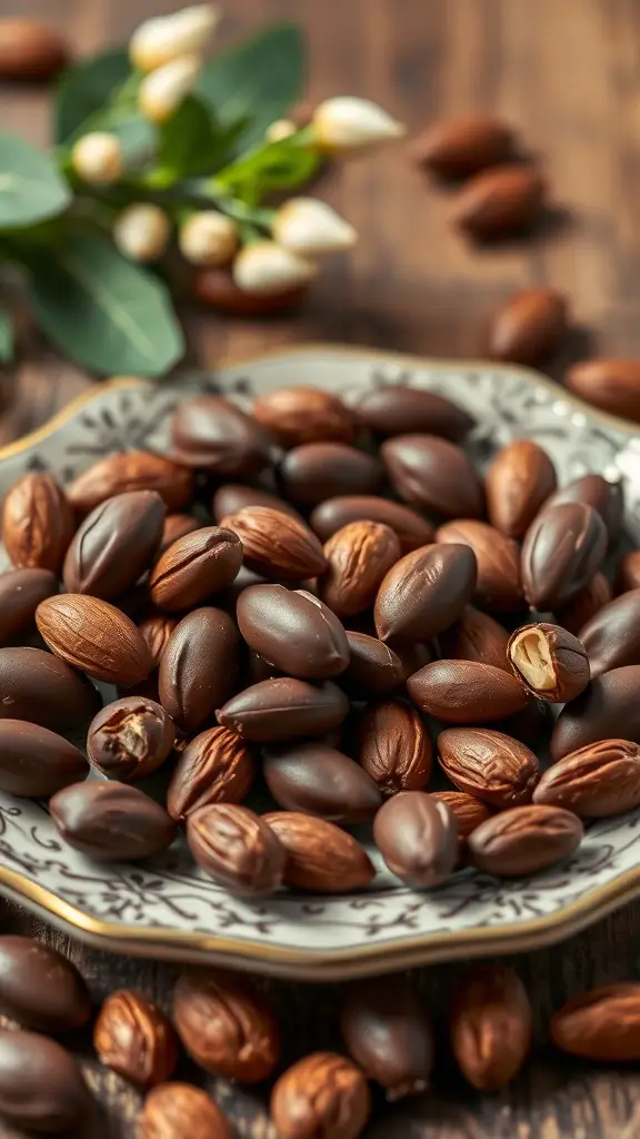 A plate of chocolate dipped almonds with some almonds scattered around and a floral decoration in the background.