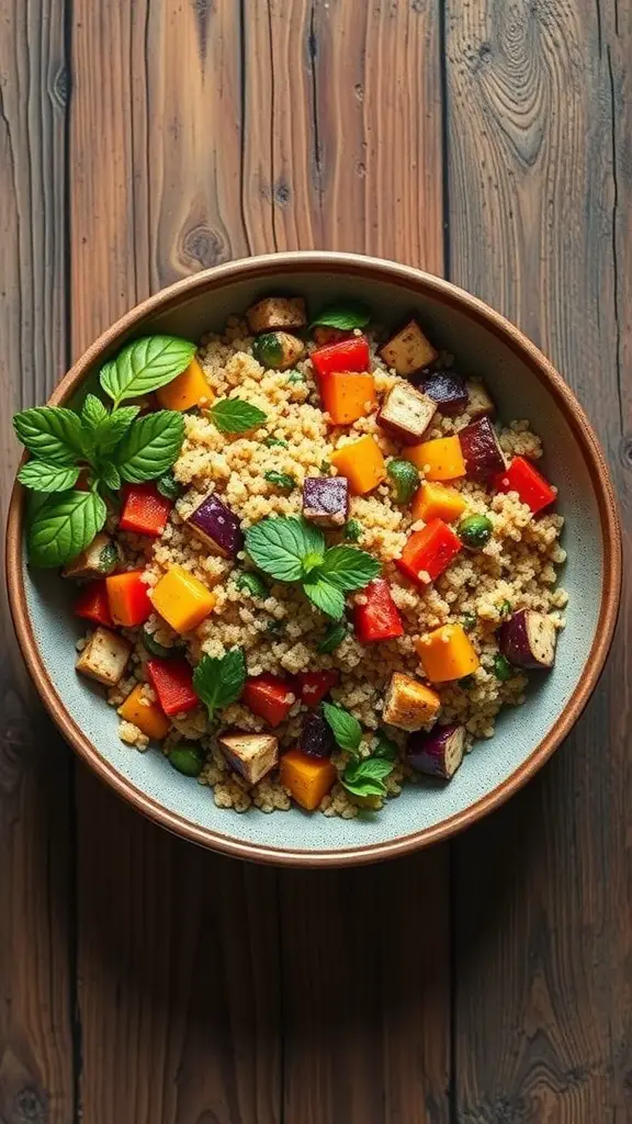 A bowl of quinoa salad with roasted vegetables, including colorful peppers and herbs, on a wooden table.