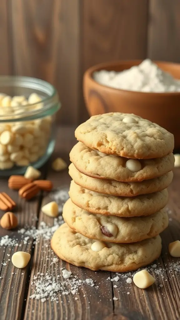 A stack of gluten-free white chocolate macadamia nut cookies with ingredients in the background.