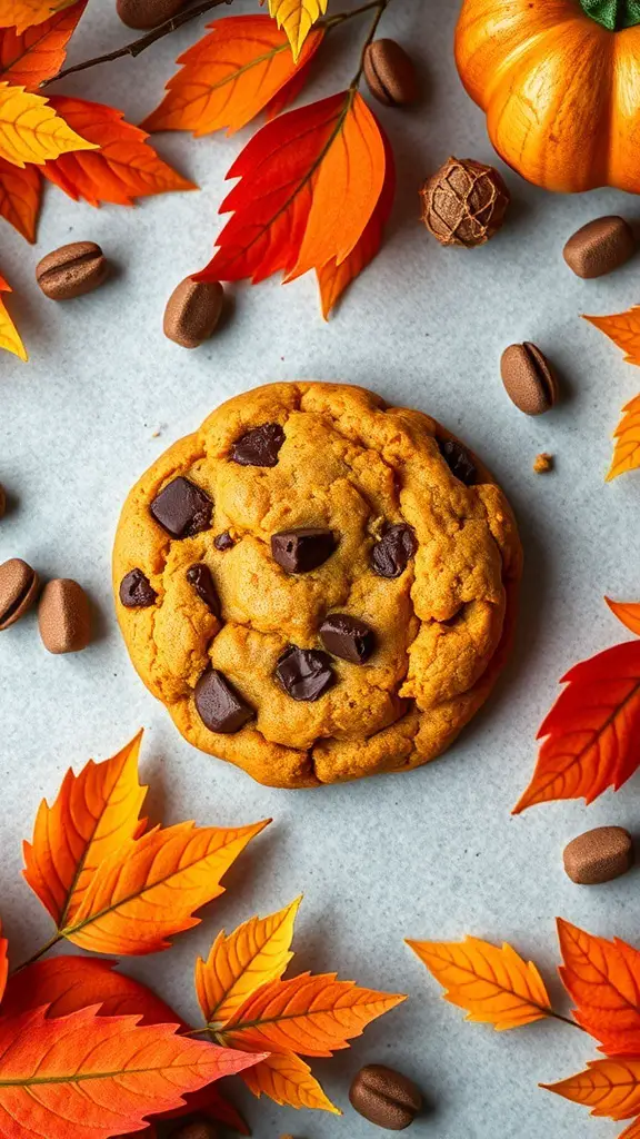 Pumpkin spice chocolate chunk cookie surrounded by autumn leaves and a small pumpkin