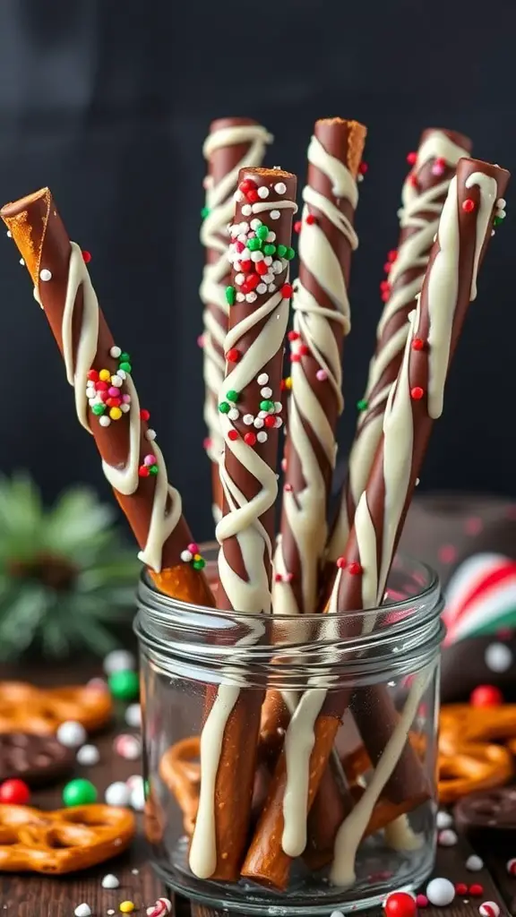 A jar filled with chocolate-dipped pretzel rods, decorated with colorful sprinkles.