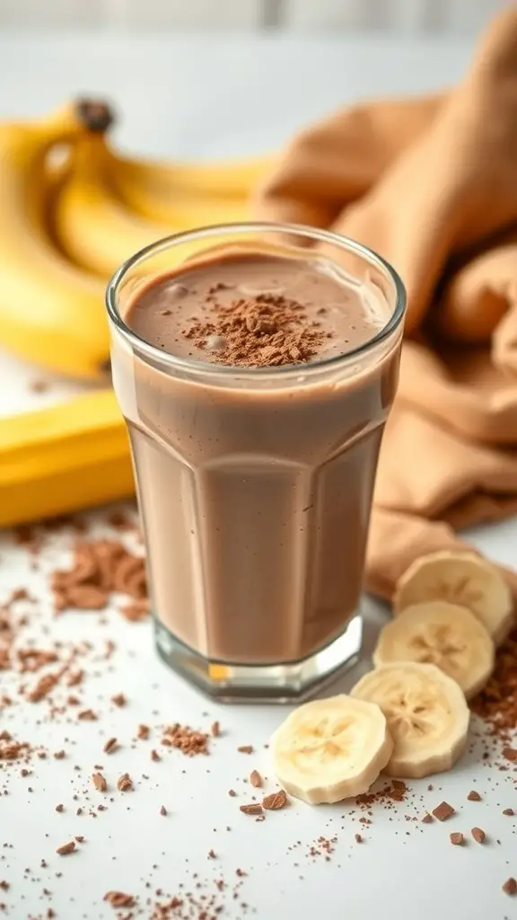 A glass of chocolate banana protein shake topped with cocoa powder, surrounded by bananas and chocolate.