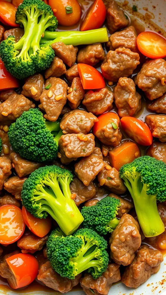 A colorful Beef and Broccoli Stir-Fry with pieces of beef, broccoli florets, and cherry tomatoes.