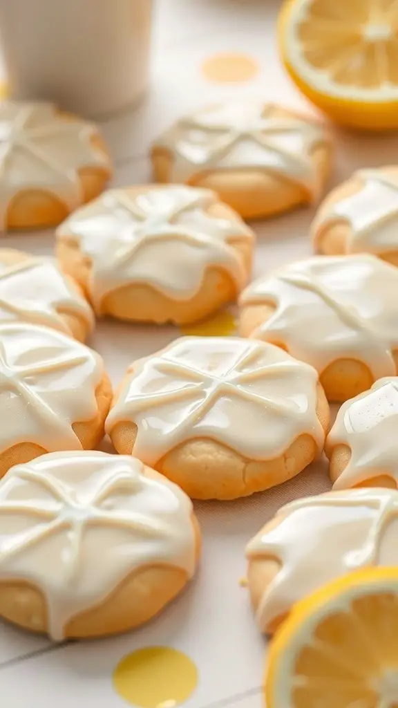 A close-up of lemon zest cookies with white icing, arranged on a table with lemon slices in the background.