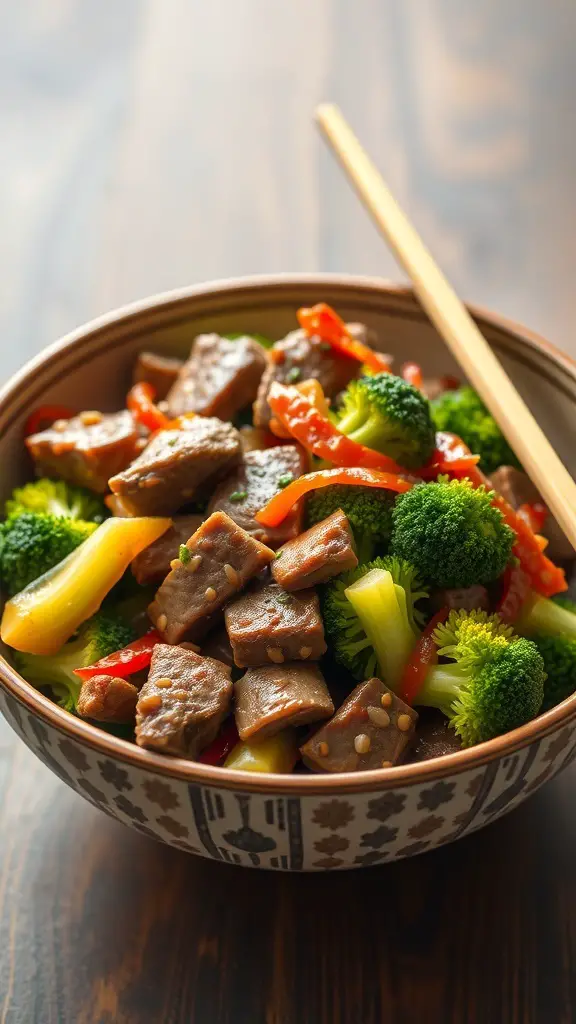 A bowl of beef and broccoli stir-fry with colorful vegetables